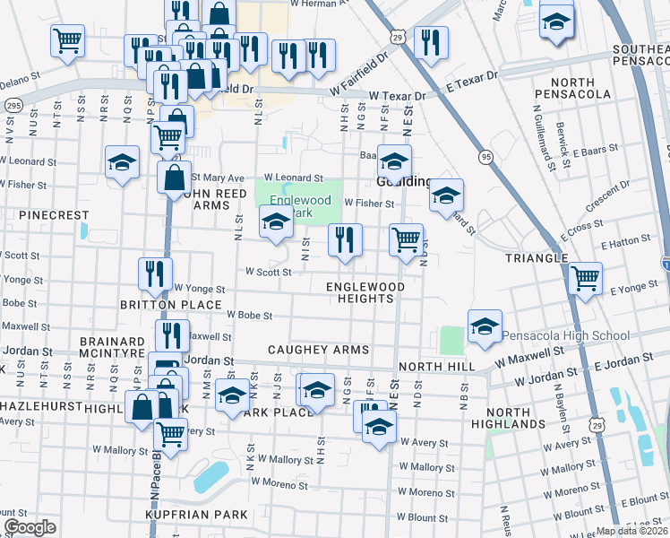 map of restaurants, bars, coffee shops, grocery stores, and more near 1211 W Hatton St in Pensacola