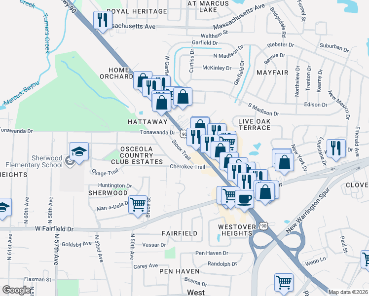 map of restaurants, bars, coffee shops, grocery stores, and more near 13 Sioux Trail in Pensacola