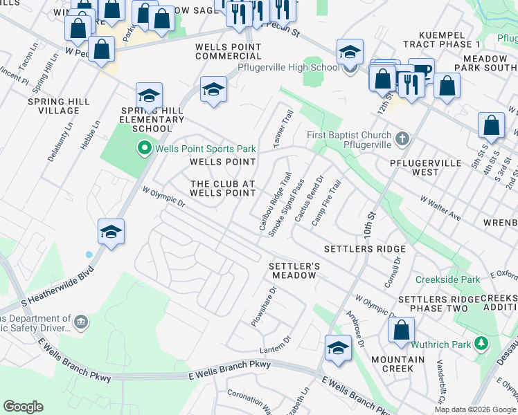 map of restaurants, bars, coffee shops, grocery stores, and more near 805 Runners Ridge in Pflugerville