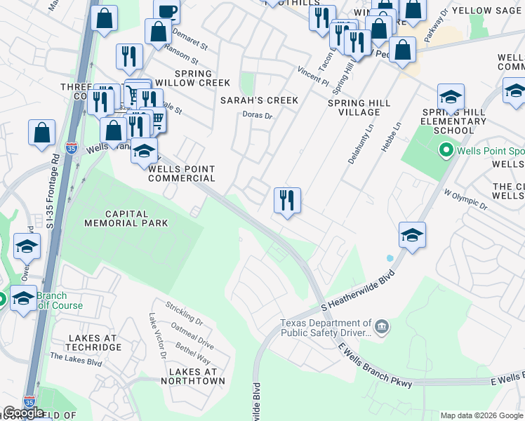 map of restaurants, bars, coffee shops, grocery stores, and more near 14912 Spring Hill Lane in Pflugerville