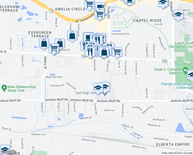 map of restaurants, bars, coffee shops, grocery stores, and more near 2053 Belle Vue Way in Tallahassee