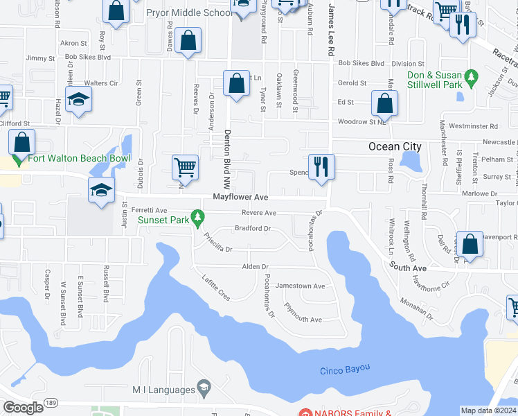 map of restaurants, bars, coffee shops, grocery stores, and more near 715 Revere Avenue in Fort Walton Beach