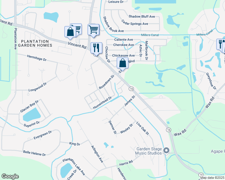 map of restaurants, bars, coffee shops, grocery stores, and more near 8849 Asphodel Street in Denham Springs