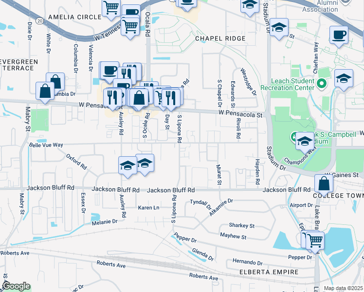 map of restaurants, bars, coffee shops, grocery stores, and more near 301 South Lipona Road in Tallahassee