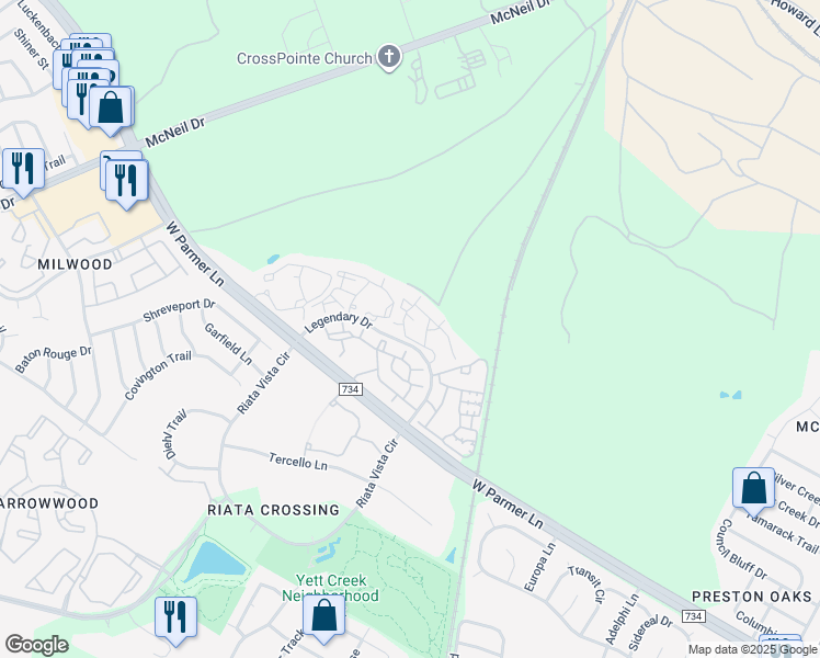map of restaurants, bars, coffee shops, grocery stores, and more near 13201 Legendary Drive in Austin