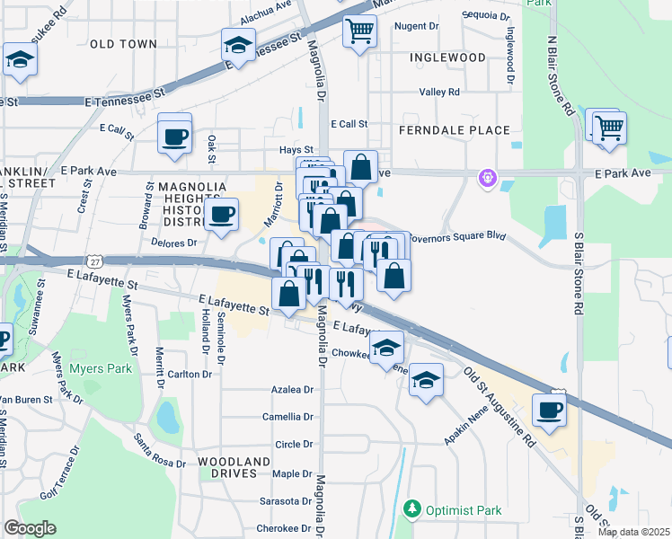 map of restaurants, bars, coffee shops, grocery stores, and more near 1300 Apalachee Parkway in Tallahassee
