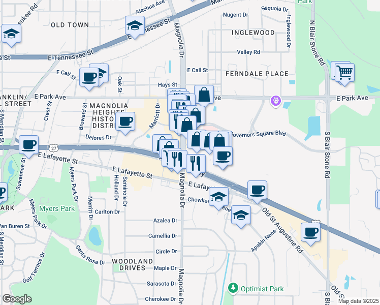 map of restaurants, bars, coffee shops, grocery stores, and more near 1300 Apalachee Parkway in Tallahassee