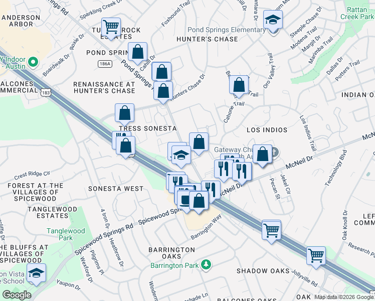 map of restaurants, bars, coffee shops, grocery stores, and more near 8101 San Felipe Boulevard in Austin