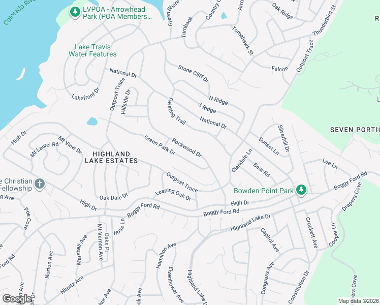 map of restaurants, bars, coffee shops, grocery stores, and more near 4111 Rockwood Drive in Lago Vista