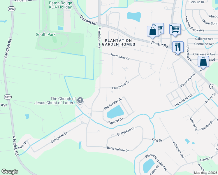 map of restaurants, bars, coffee shops, grocery stores, and more near 7941 Longwood Drive in Denham Springs