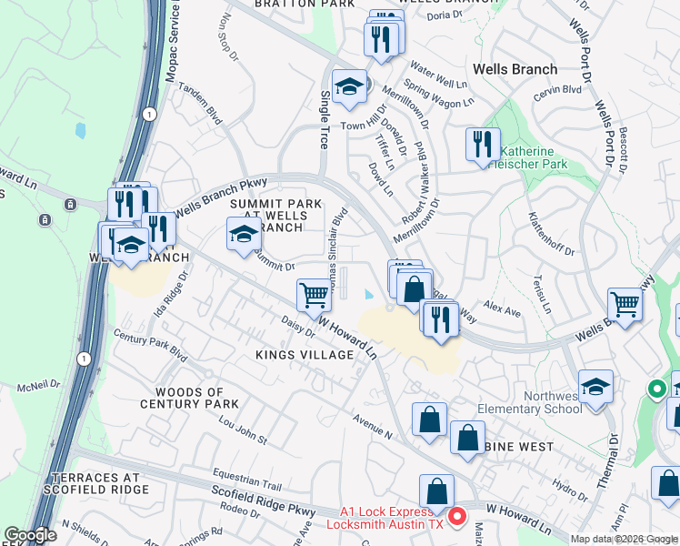 map of restaurants, bars, coffee shops, grocery stores, and more near 14011 Thomas Sinclair Boulevard in Austin
