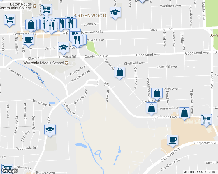 map of restaurants, bars, coffee shops, grocery stores, and more near 6254 Jefferson Highway in Baton Rouge