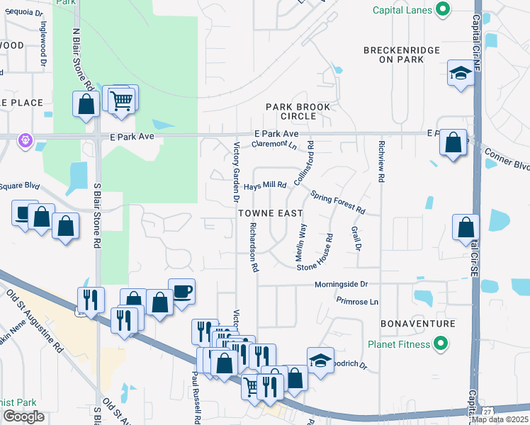 map of restaurants, bars, coffee shops, grocery stores, and more near 959 Richardson Road in Tallahassee