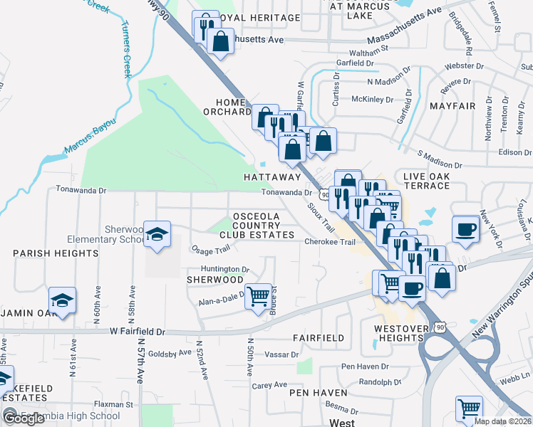 map of restaurants, bars, coffee shops, grocery stores, and more near 10 Seminole Trail in Pensacola