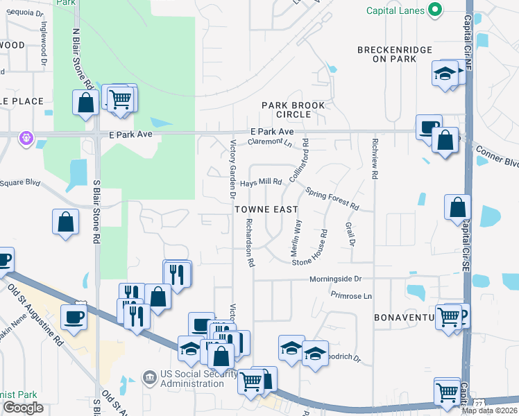map of restaurants, bars, coffee shops, grocery stores, and more near 959 Richardson Road in Tallahassee