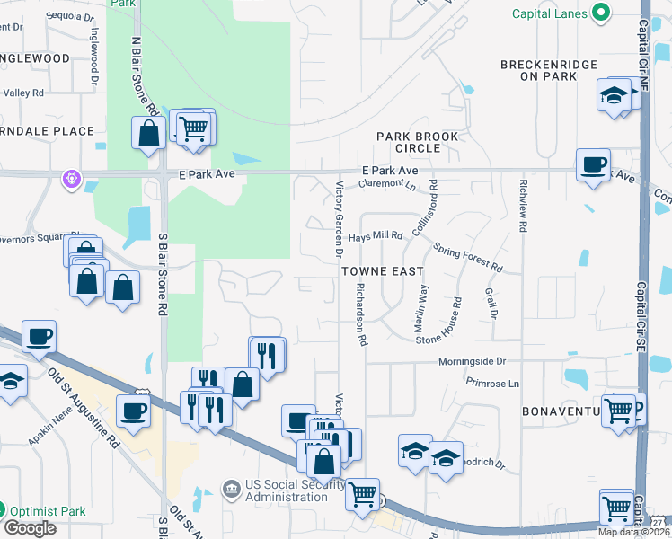 map of restaurants, bars, coffee shops, grocery stores, and more near in Tallahassee