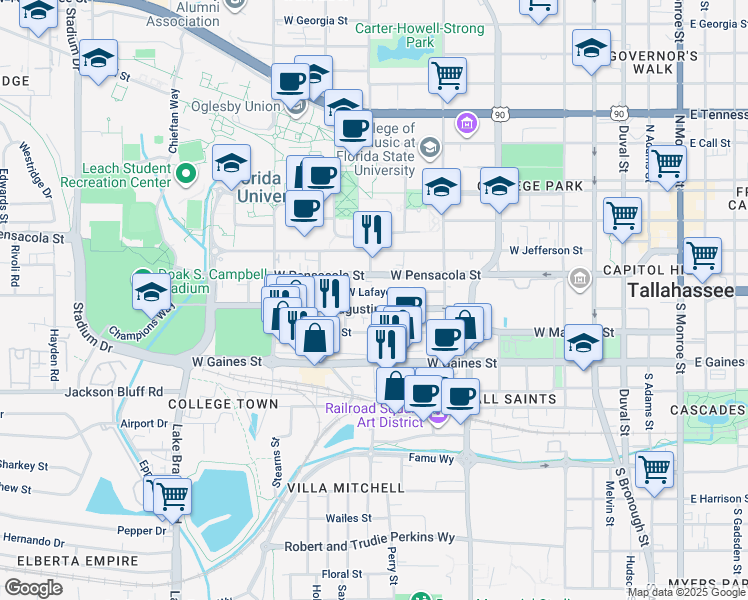 map of restaurants, bars, coffee shops, grocery stores, and more near 701 West Lafayette Street in Tallahassee