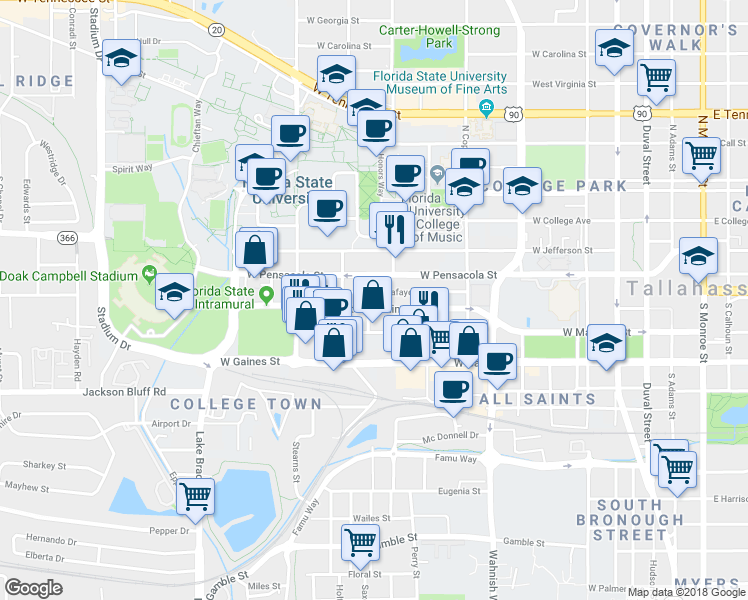 map of restaurants, bars, coffee shops, grocery stores, and more near 739 West Lafayette Street in Tallahassee