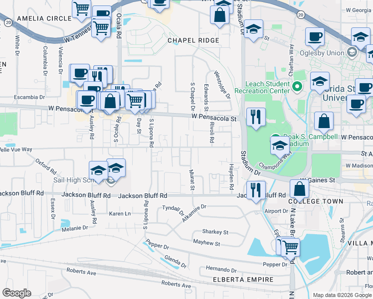 map of restaurants, bars, coffee shops, grocery stores, and more near 248 Gables Court in Tallahassee