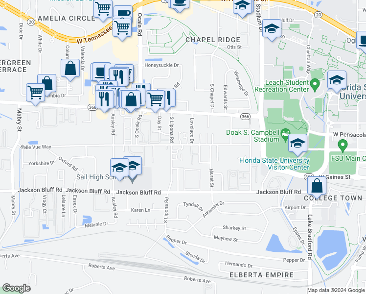 map of restaurants, bars, coffee shops, grocery stores, and more near 1862 Belle Vue Way in Tallahassee