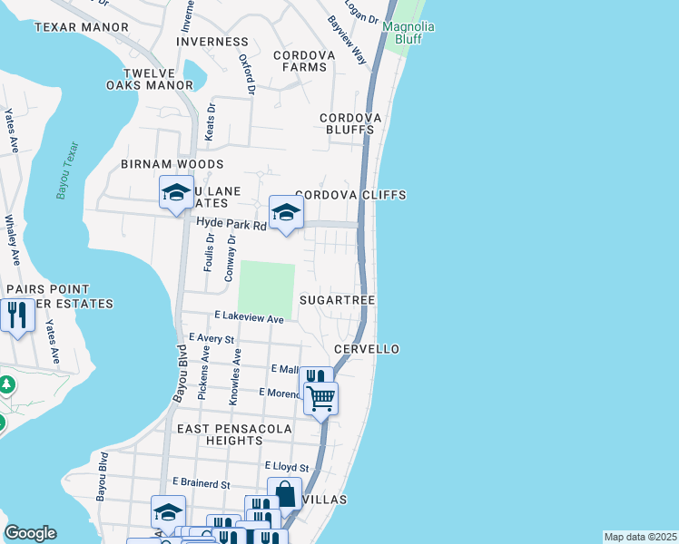 map of restaurants, bars, coffee shops, grocery stores, and more near 2391 Sugartree Court in Pensacola