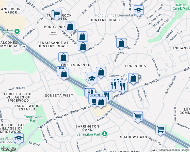 map of restaurants, bars, coffee shops, grocery stores, and more near 8101 San Felipe Boulevard in Austin