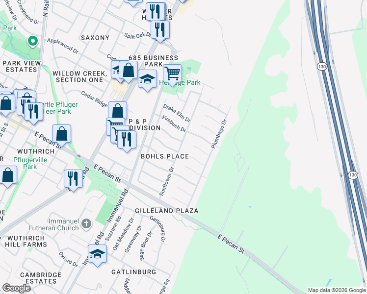 map of restaurants, bars, coffee shops, grocery stores, and more near 1500 Hollyhock Court in Pflugerville