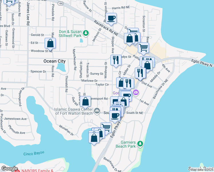 map of restaurants, bars, coffee shops, grocery stores, and more near 357 Woodham Court in Fort Walton Beach