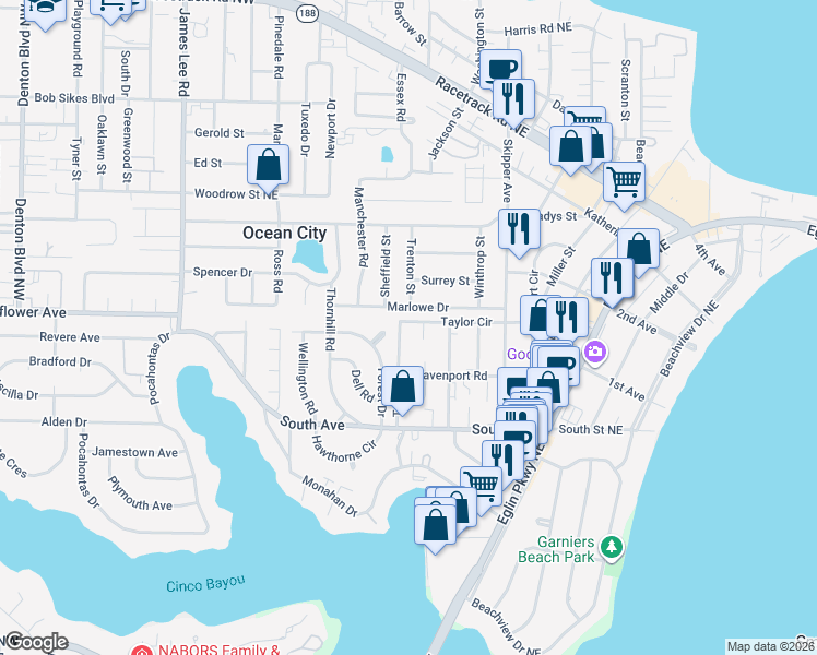 map of restaurants, bars, coffee shops, grocery stores, and more near 539 Taylor Circle in Fort Walton Beach