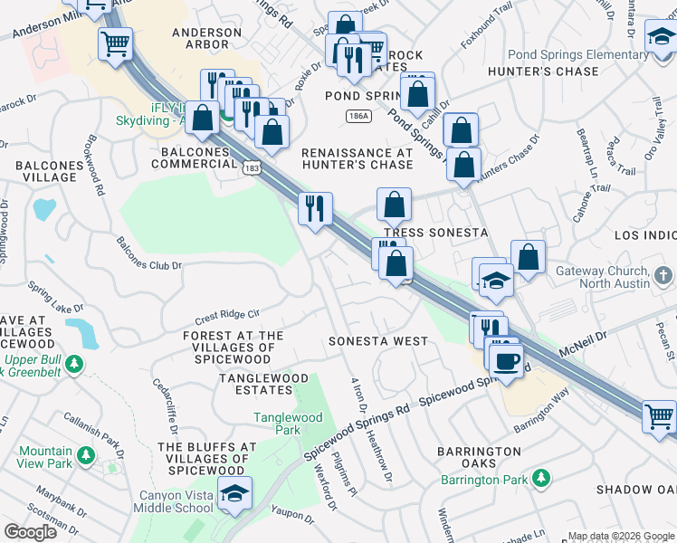 map of restaurants, bars, coffee shops, grocery stores, and more near 8600 Oceanaire Boulevard in Austin