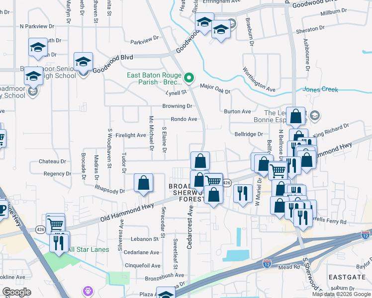 map of restaurants, bars, coffee shops, grocery stores, and more near 10914 Classique Drive in Baton Rouge