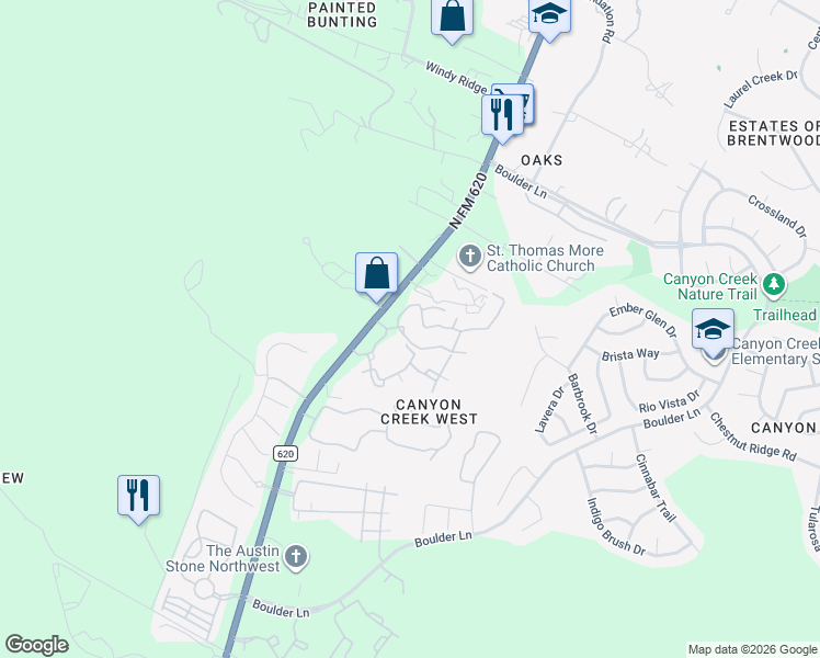 map of restaurants, bars, coffee shops, grocery stores, and more near 9807 North FM 620 in Austin
