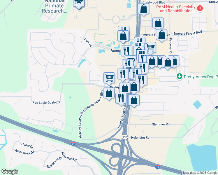 map of restaurants, bars, coffee shops, grocery stores, and more near 101 Holiday Square Boulevard in Covington