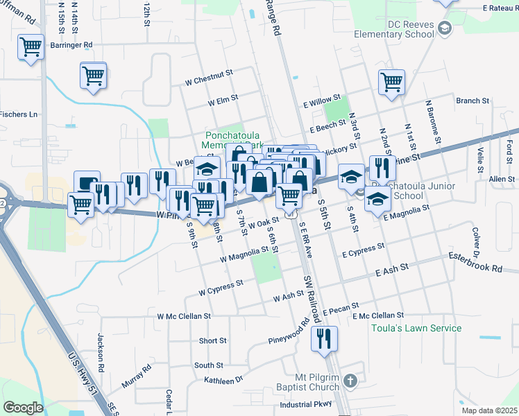 map of restaurants, bars, coffee shops, grocery stores, and more near 135 South 6th Street in Ponchatoula