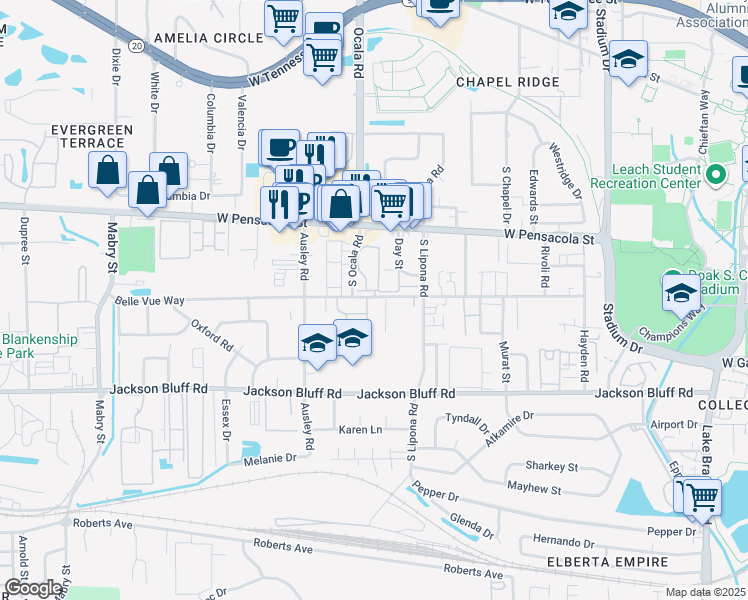 map of restaurants, bars, coffee shops, grocery stores, and more near 1949 Belle Vue Way in Tallahassee