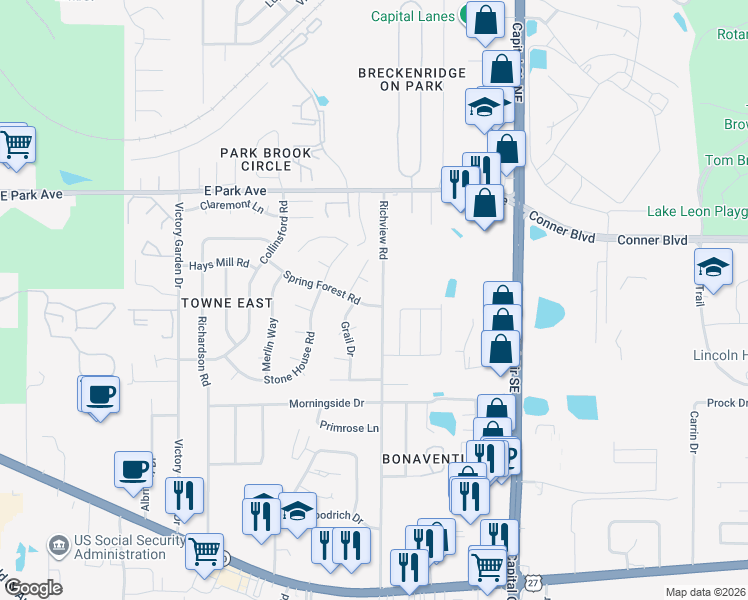 map of restaurants, bars, coffee shops, grocery stores, and more near 2790 Spring Forest Road in Tallahassee