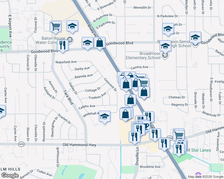 map of restaurants, bars, coffee shops, grocery stores, and more near 1344 Crescent Drive in Baton Rouge