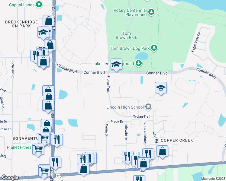 map of restaurants, bars, coffee shops, grocery stores, and more near 283 Trojan Trail in Tallahassee