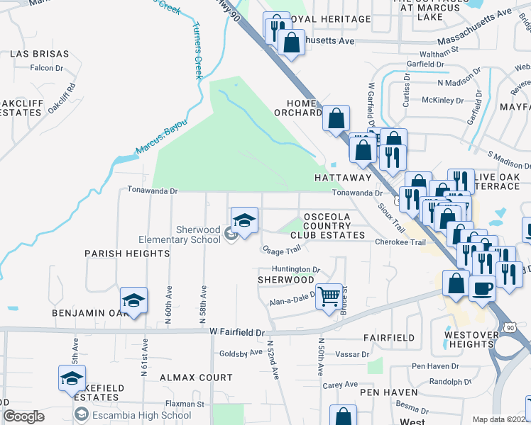 map of restaurants, bars, coffee shops, grocery stores, and more near 185 Seminole Trail in Pensacola
