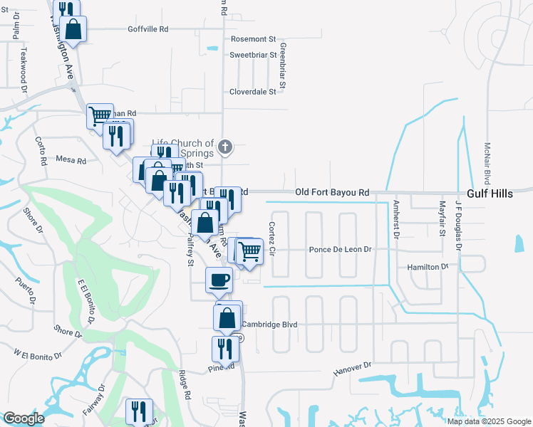 map of restaurants, bars, coffee shops, grocery stores, and more near 6660 Cortez Circle in Ocean Springs
