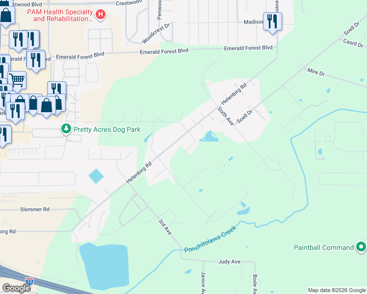 map of restaurants, bars, coffee shops, grocery stores, and more near 20393 South Street in Covington