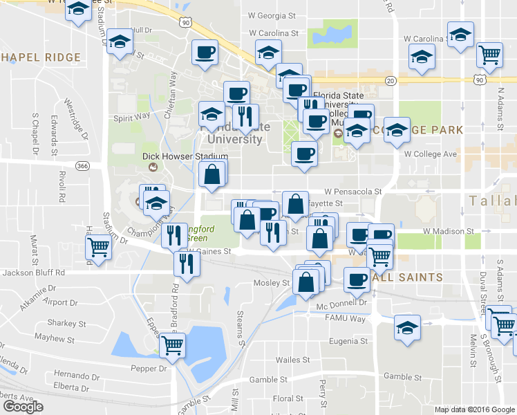 map of restaurants, bars, coffee shops, grocery stores, and more near 818 Saint Augustine Street in Tallahassee