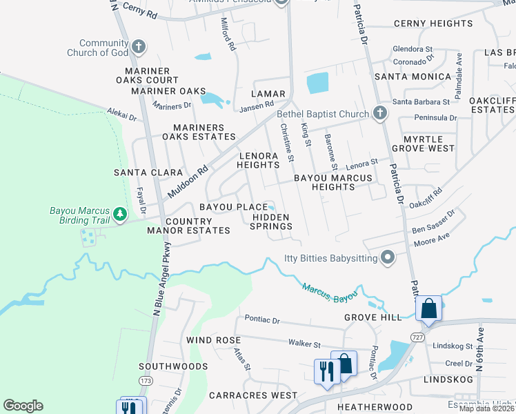 map of restaurants, bars, coffee shops, grocery stores, and more near 3028 Creole Way in Pensacola