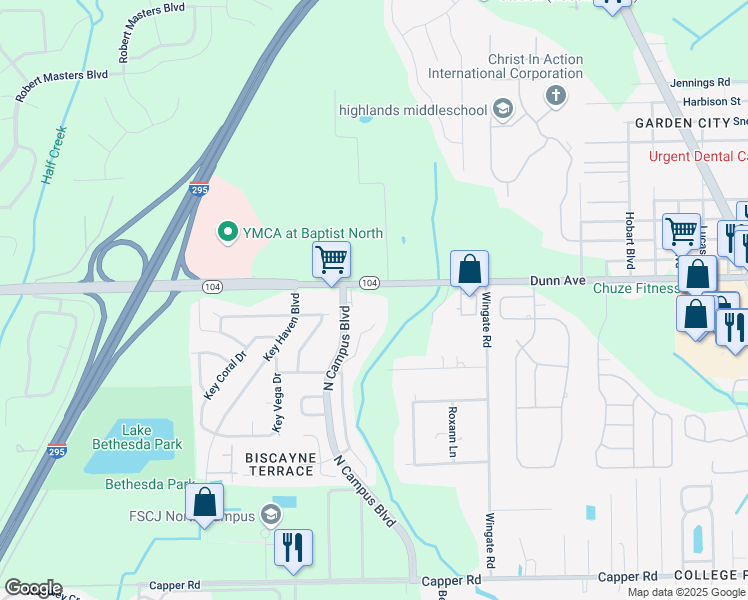 map of restaurants, bars, coffee shops, grocery stores, and more near 4134 Dunn Avenue in Jacksonville