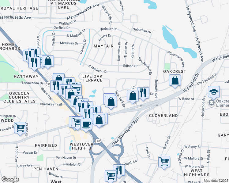 map of restaurants, bars, coffee shops, grocery stores, and more near 301 New York Drive in Pensacola