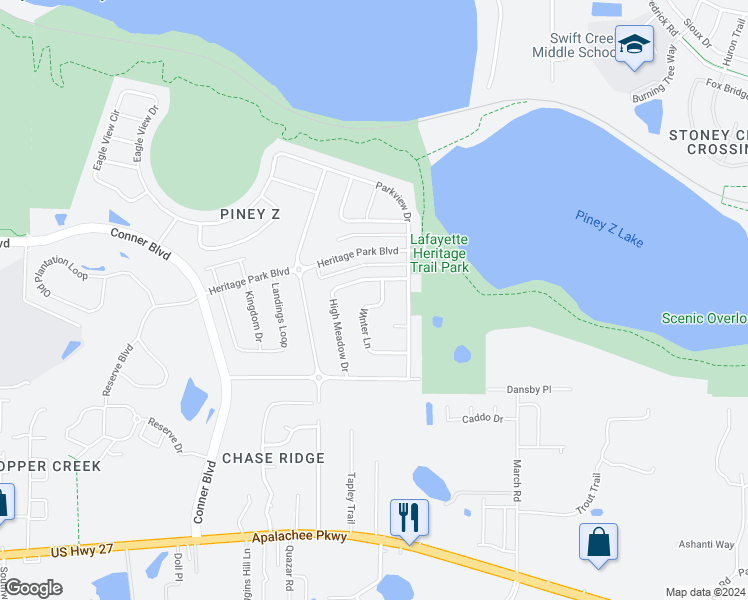 map of restaurants, bars, coffee shops, grocery stores, and more near 1052 Winter Lane in Tallahassee