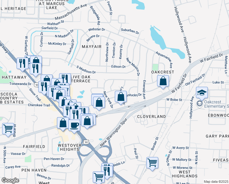 map of restaurants, bars, coffee shops, grocery stores, and more near 303 Georgia Drive in Pensacola