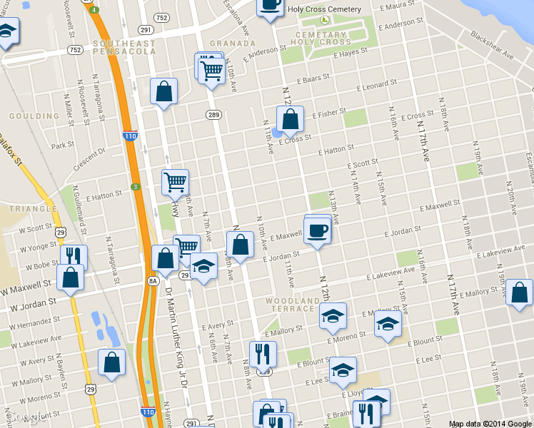 map of restaurants, bars, coffee shops, grocery stores, and more near 1006 East Bobe Street in Pensacola