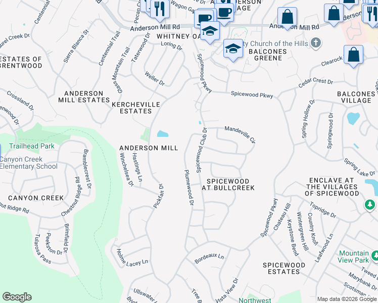 map of restaurants, bars, coffee shops, grocery stores, and more near 11003 Plumewood Drive in Austin