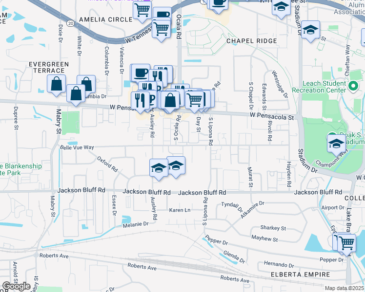 map of restaurants, bars, coffee shops, grocery stores, and more near 1949 Belle Vue Way in Tallahassee